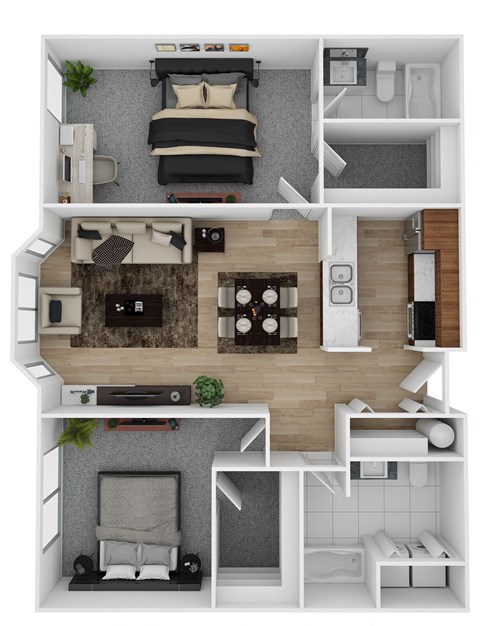 Floor plan for 2 beds, 2 baths, 1005 sqft